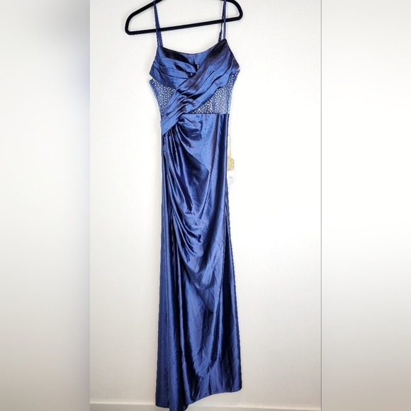 NWT TLC Say Yes Juniors Pleated Illusion Trim Rhinestone Corset Gown in Navy - Picture 5 of 13